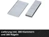 Two stacks of metal staples and nails on a white background with a dark overlay at the bottom containing text. Produktbild-Vorschau