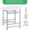 A multifunctional dining table with a marble-effect top and a metal frame, featuring a shelf underneath for storage. Icons and text on the right indicate potential uses for wine, snacks, and magazines. Produktbild-Vorschau