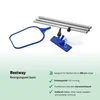 A cleaning kit for a swimming pool, including a skimmer net, vacuum head with a collection bag, and telescopic poles, displayed on a white and light green background with descriptive text. Produktbild-Vorschau