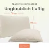 Two beige pillows are shown, one behind the other, with dimensions indicated by text overlays. Produktbild-Vorschau