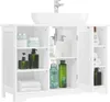 A white bathroom vanity cabinet with a sink on top, filled with various toiletries and towels. Podgląd zdjęcia produktu