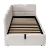 A white upholstered bed frame with a slatted mattress base, shown from a side angle. Anteprima dell’immagine prodotto