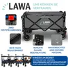 A marketing image showcasing a foldable wagon with various features highlighted through text and close-up shots. Produktbild-Vorschau