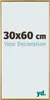 A marketing image showing the dimensions of a picture frame and a tagline. Produktbild-Vorschau