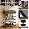 A shoe organizer with multiple shelves and drawers, displayed in a room setting with clothing hanging in the background. Inset images highlight product features. Anteprima dell’immagine prodotto
