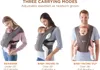 Three different ways to carry a baby in a baby carrier, with text explaining the modes and age/size recommendations. Produktbild-Vorschau