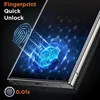 A close-up of a smartphone screen displaying a fingerprint unlock animation with hexagonal patterns and glowing lines. Text overlays highlight features. Produktbild-Vorschau