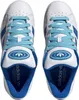 A top-down view of a pair of white Adidas sneakers with blue accents and light blue laces. Podgląd zdjęcia produktu
