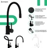 A collage of images showcasing a black kitchen faucet with various close-ups and a technical drawing. Produktbild-Vorschau