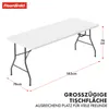 A white folding table with gray metal legs, shown from a slightly elevated side angle, with dimensions indicated by dashed lines and text. Náhled obrázku produktu