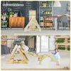 Collage of a wooden climbing triangle set for children, with one image showing it folded and stored, and another showing children playing with it. Produktbild-Vorschau