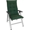 A dark green garden chair cushion on a silver folding chair, isolated on a white background. Produktbild-Vorschau