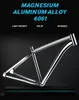 A shiny silver bicycle frame is displayed on a dark platform against a black background, with text highlighting its features. Produktbild-Vorschau