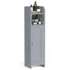 A tall, narrow gray cabinet with a door and shelves, filled with various bottles and containers. Podgląd zdjęcia produktu