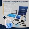 A flat lay of a tablet, headphones, and various accessories, with a list of included items. Produktbild-Vorschau