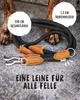 A black dog leash with leather accents is laid out on a stone-like surface, with the dog's paws visible in the background. Text overlays provide product details. Produktbild-Vorschau