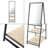 A collage of four images showing a tall, freestanding mirror with two wooden shelves. Podgląd zdjęcia produktu