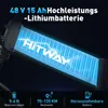 Close-up of an electric bike battery with brand name and lightning effects, with feature callouts at the bottom. Produktbild-Vorschau