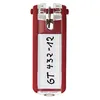 A red key tag with a white label showing text. Produktbild-Vorschau
