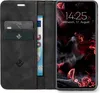 A black flip-style phone case with card slots and a euro banknote is shown open, revealing a smartphone with a dark, abstract wallpaper displaying the time and date. Produktbild-Vorschau