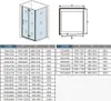 Diagrams and tables showing shower cabin dimensions and sizes. Produktbild-Vorschau