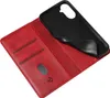 An open red leather flip case for a smartphone, with a black phone holder visible inside. Produktbild-Vorschau