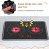 A close-up of a toy stove with red burners lit and a hand pressing a button, with text overlays describing features. Anteprima dell’immagine prodotto