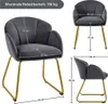 Multiple views of a gray chair with gold legs, with dimensions and weight capacity indicated. Podgląd zdjęcia produktu