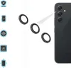 A black smartphone with three camera lenses is shown, with three black rings positioned to be placed over the camera lenses. Icons are displayed on the left side of the image. Produktbild-Vorschau