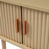 A close-up view of the front of a wooden cabinet with two drawers and two handles. Podgląd zdjęcia produktu