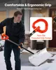 A man is shoveling snow with a snow shovel that has an ergonomic grip. There is an inset image showing a close-up of the grip. Podgląd zdjęcia produktu