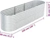A silver, oval-shaped raised garden bed with dimensions indicated by measurement lines and text. Produktbild-Vorschau