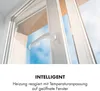 An open window with a view of the sky and a white window handle. Text overlays describe a feature of the heating system. Podgląd zdjęcia produktu