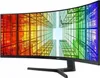 A curved computer monitor displaying a colorful abstract image of buildings. Produktbild-Vorschau