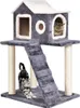 A cat tree with two cats on it, one stretching and one inside a cubby. Produktbild-Vorschau