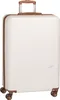 A white trolley suitcase with brown accents and wheels, shown from the front. Produktbild-Vorschau