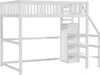 A white loft bed with stairs and a built-in shelf unit, shown against a white background. Voir les images du produit