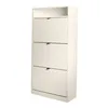 A white shoe cabinet with three doors and black handles is shown against a white background. Produktbild-Vorschau