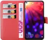 A red flip-style phone case with a smartphone inside, showing a colorful wallpaper and the time. Náhľad obrázku produktu