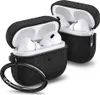 Two black fabric-covered cases for Apple AirPods Pro, with the lids open showing the white earbuds inside. A black ring clip is attached to the front of the left case. Produktbild-Vorschau
