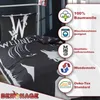 A bedding set featuring a character from the "Wednesday" series, displayed on a bed with various product feature callouts. Náhľad obrázku produktu
