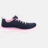 A side view of a navy and pink sneaker against a light gray background. Voir les images du produit