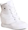 A single white wedge sneaker is shown from a three-quarter angle against a white background.