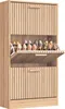 A wooden shoe cabinet with three flip-down doors, displaying shoes on the middle shelf. Voir les images du produit