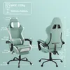 Two views of a green gaming chair with dimensions and specifications overlaid. Produktbild-Vorschau