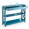 A blue wooden console table with three shelves and one drawer, shown with dimensions and weight capacity indicators. Náhľad obrázku produktu