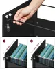 A close-up of a hand assembling a black filing cabinet, with two inset images showing how to load A4 and Letter size files. Produktbild-Vorschau
