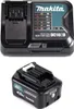 A product shot of a Makita battery charger and a Makita battery. Produktbild-Vorschau