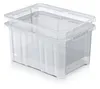 A clear, studio shot of a transparent plastic storage box. Voir les images du produit
