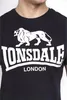 A close-up of a person wearing a black t-shirt with a white Lonsdale London logo and a lion graphic. Produktbild-Vorschau